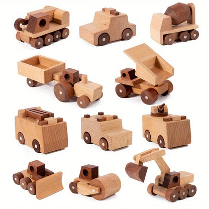 11-Piece Wooden Solid Wood Engineering Vehicle Series Toys and Gifts for Kids