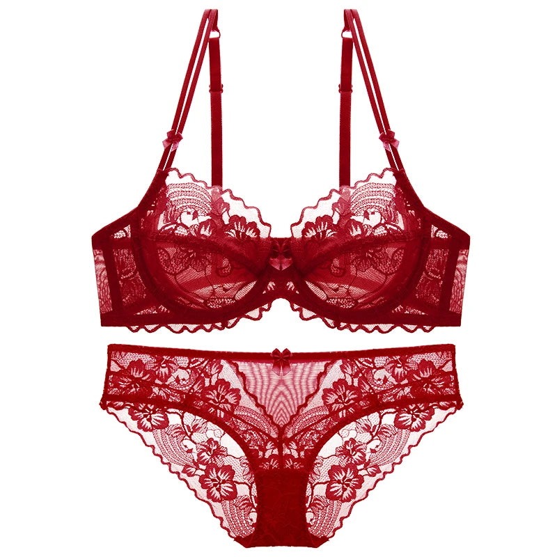 Delicate French Lace Bra Set, Sheer Minimiser Underwire for Lift, Elegant & Breathable Lingerie Large Bust MOYISU Sexy Panty Set