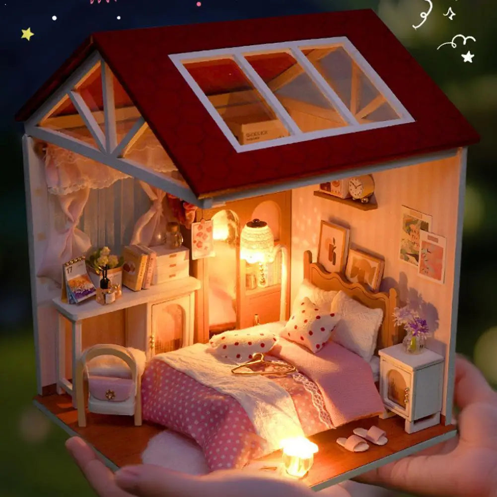 DIY Miniature Wooden Dollhouse Kit Mini House Model Handmade Assembly Craft Kit Stress Relief Desk Decor Birthday Gift For Adult