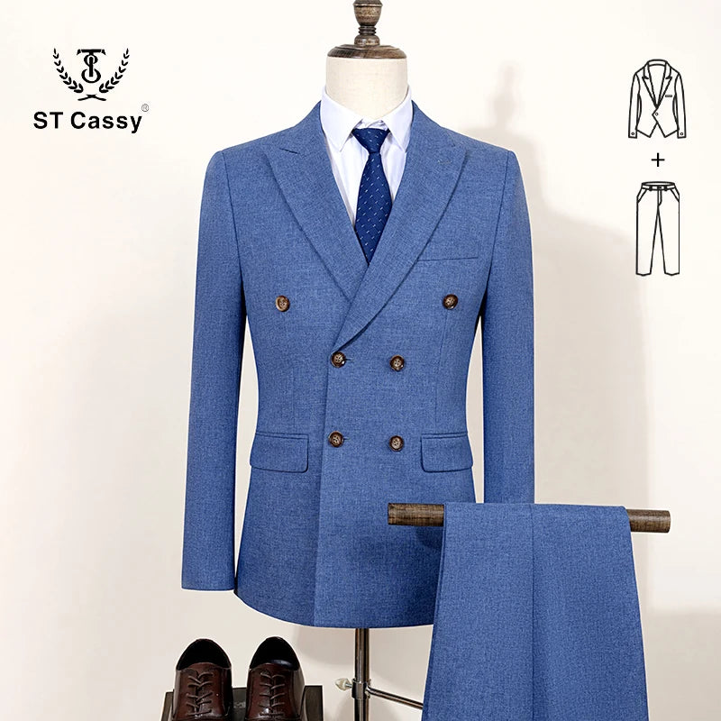ST Cassy 2-Piece Set (Jacket + Pants) Double-Breasted Man Suit Blue Modern Wedding Suits for Men Slim Fit Business Office Suit