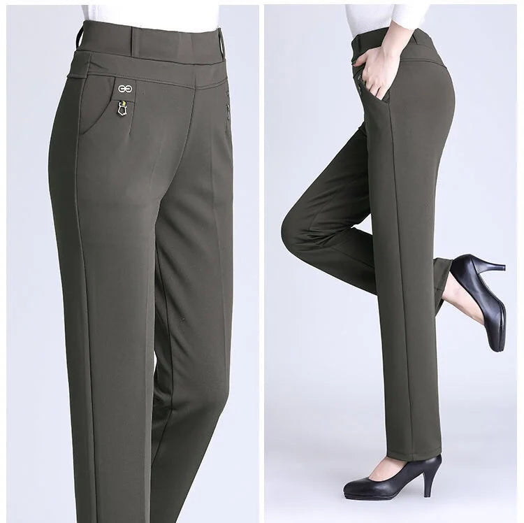 High Waist Fleece Lined Slimming Pants for Middle-Aged And Elderly Women Casual Long Pants Straight Leg Elastic Ankle Pants