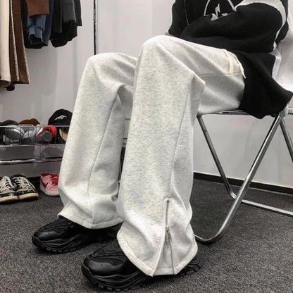 Men’s Thickened Fleece Joggers High Waist Slimming Zipper Pants Solid Color Casual Trousers for Autumn Winter Couple Unisex Wear