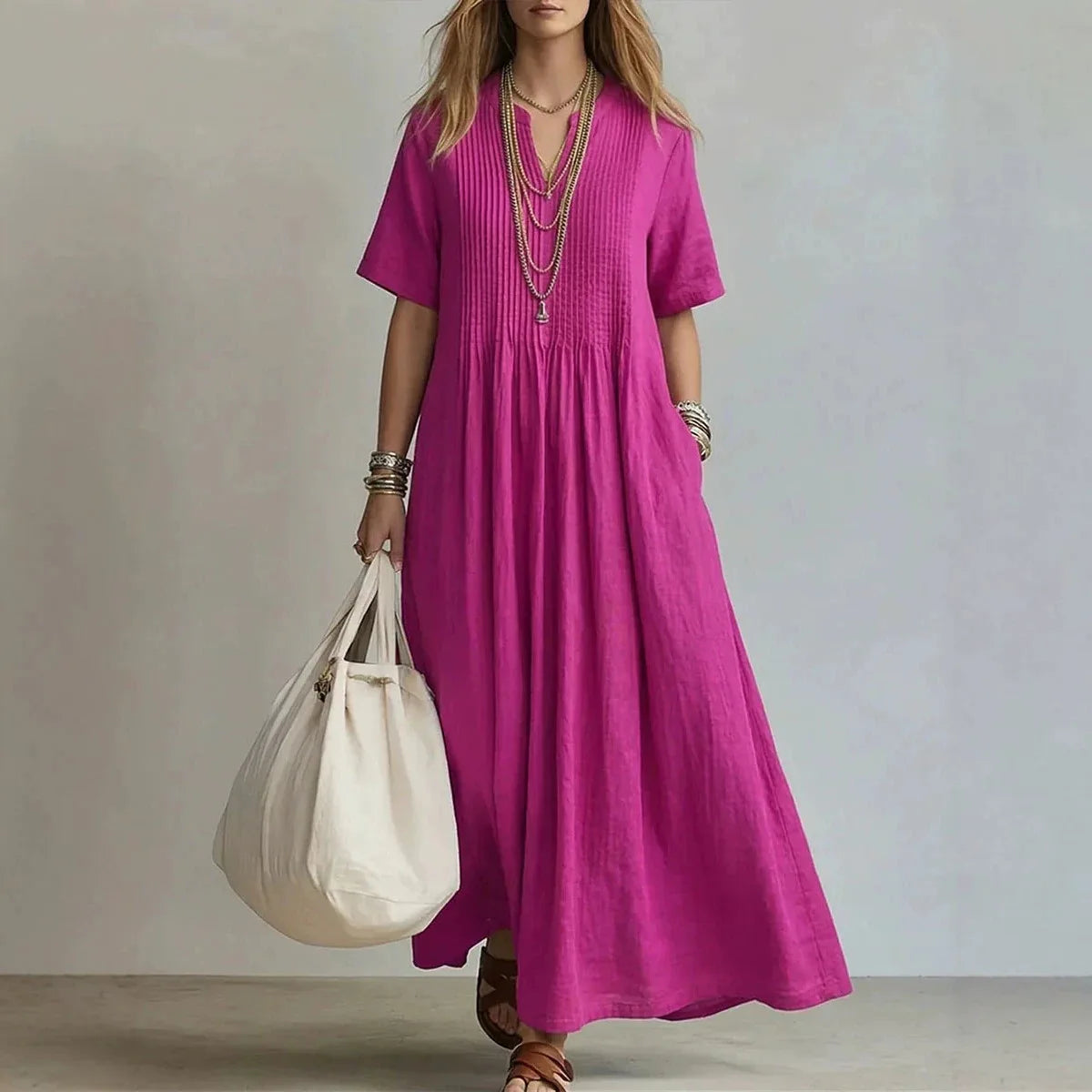Casual Solid Color Linen Cotton Maxi Dress For Women Short Sleeve Loose Fit Long Dresses Relaxed Comfortable Summer Daily Wear