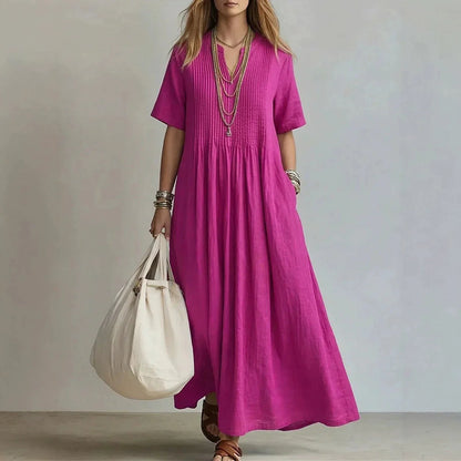 Casual Solid Color Linen Cotton Maxi Dress For Women Short Sleeve Loose Fit Long Dresses Relaxed Comfortable Summer Daily Wear