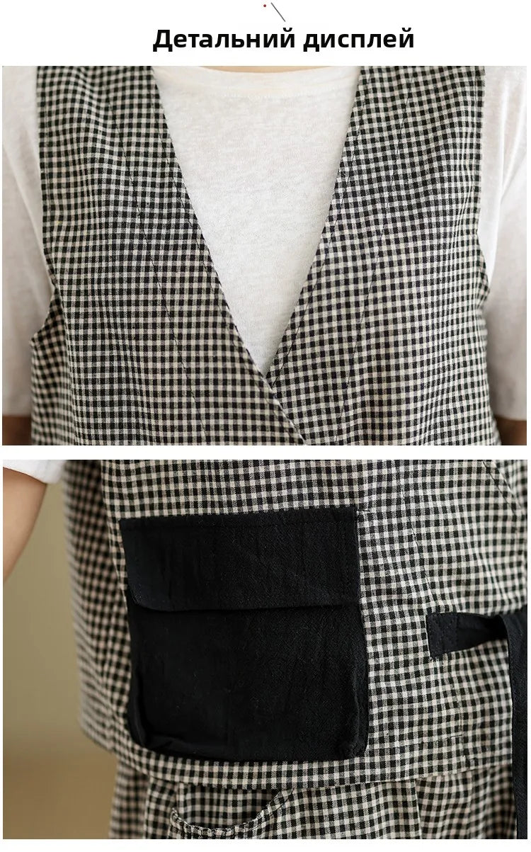 Fashionable Cotton Linen Plaid Set Casual Loose V-neck Tank Top And Lantern Pants Eighteen Loose Two-piece Set for Women