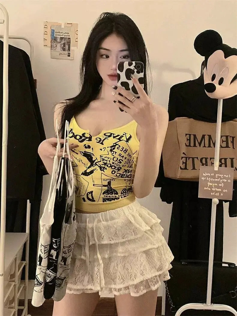 Sexy Y2K Spicy Girl  Strap Vest Women Summer American Short Print Sleeveless Top Inner Wear Commute Style Slim Fit