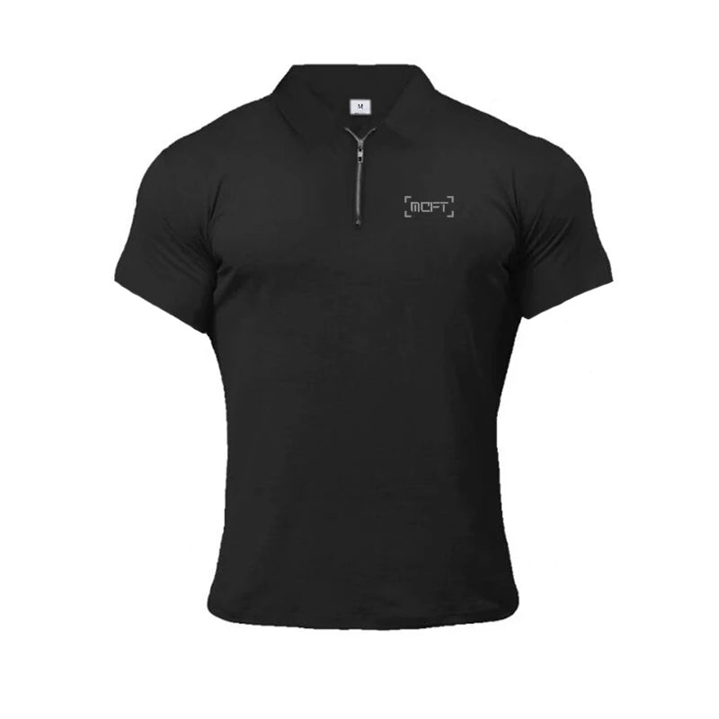 Men Casual Fashion Short Sleeve Slim Fit Zip Collar Cotton Polo Shirts Gym Fitness Summer Breathable Cool Feeling Muscle Shirt