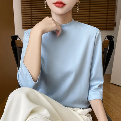 Summer And Autumn New 100% Cotton T-shirt Women's Semi-High-Necked Cropped Sleeves Loose Solid Color Bottoming Top