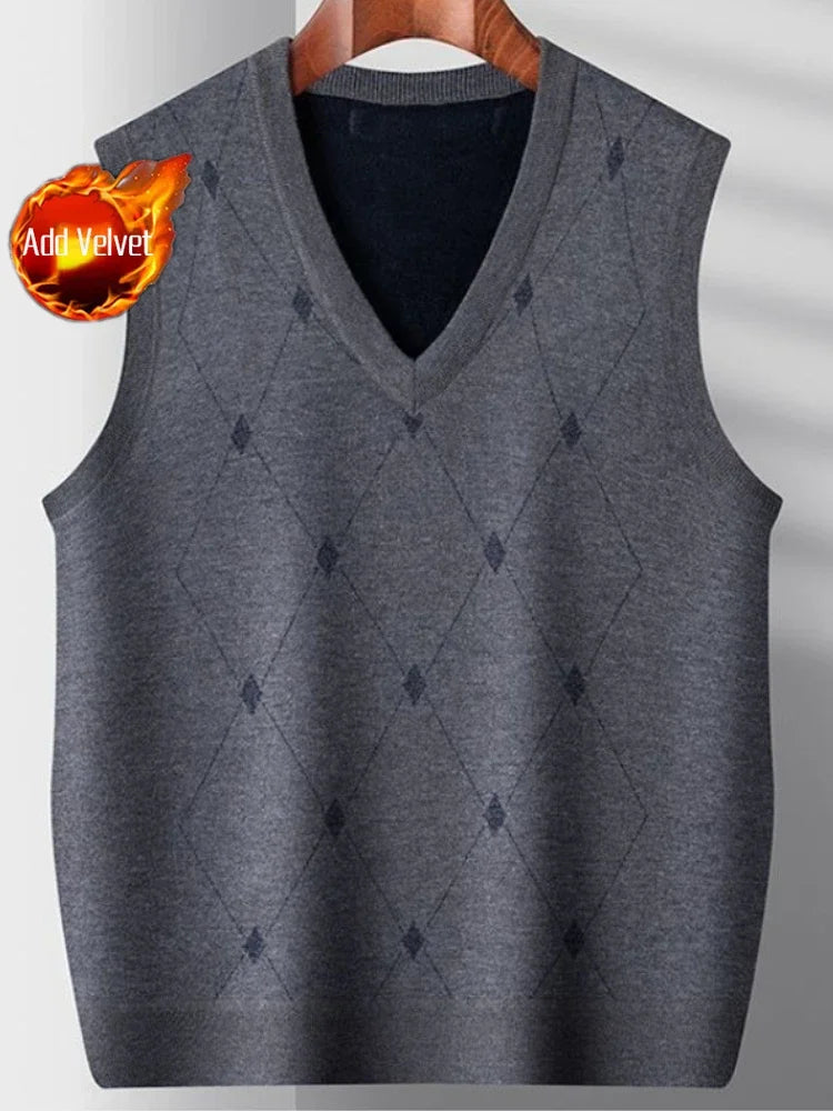 Korean Style Fashion High Quality Men's Argyle Knitted Vest Autumn Winter Fleece Lined Thickened Middle Aged Casual Waistcoat
