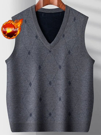 Korean Style Fashion High Quality Men's Argyle Knitted Vest Autumn Winter Fleece Lined Thickened Middle Aged Casual Waistcoat