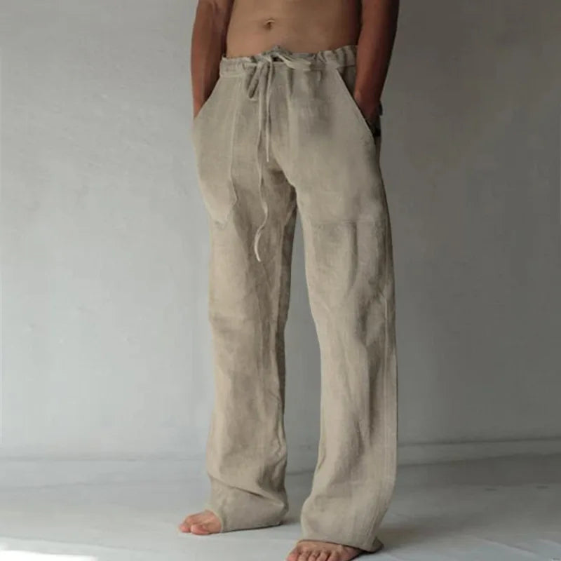 2026 New Men's Cotton Linen Pants, Elastic Waist Solid Color Straight Wide Leg Casual Trousers