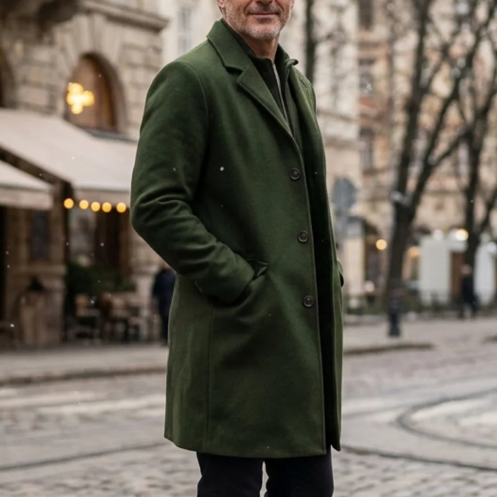 Winter Men's Wool Blend Trench Classic Single-Breasted Business Casual Outerwear Street Overknee Coat Windproof Lined Office