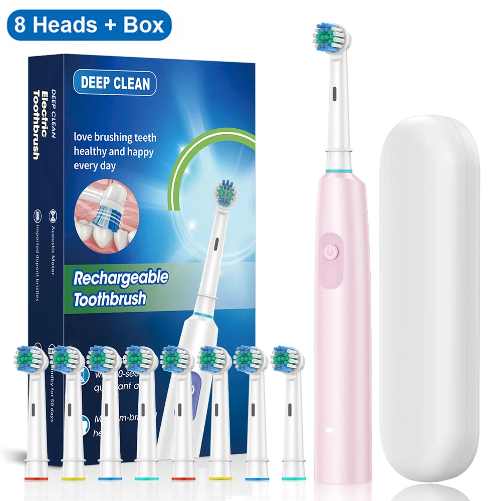 Electric Toothbrush Rotating Deep Clean Whitening Teeth for Adult Ultrasonic Toothbrush with 4/8pcs Refill Replacement Heads