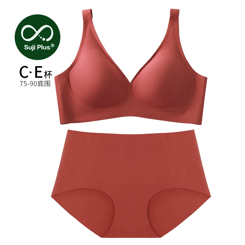 SUJIIN Plus Size Seamless Bra Sets for Women 2025 Push Up Wireless Minimizer Bras Lady Anti-sagging Bralettes for Large Breasts