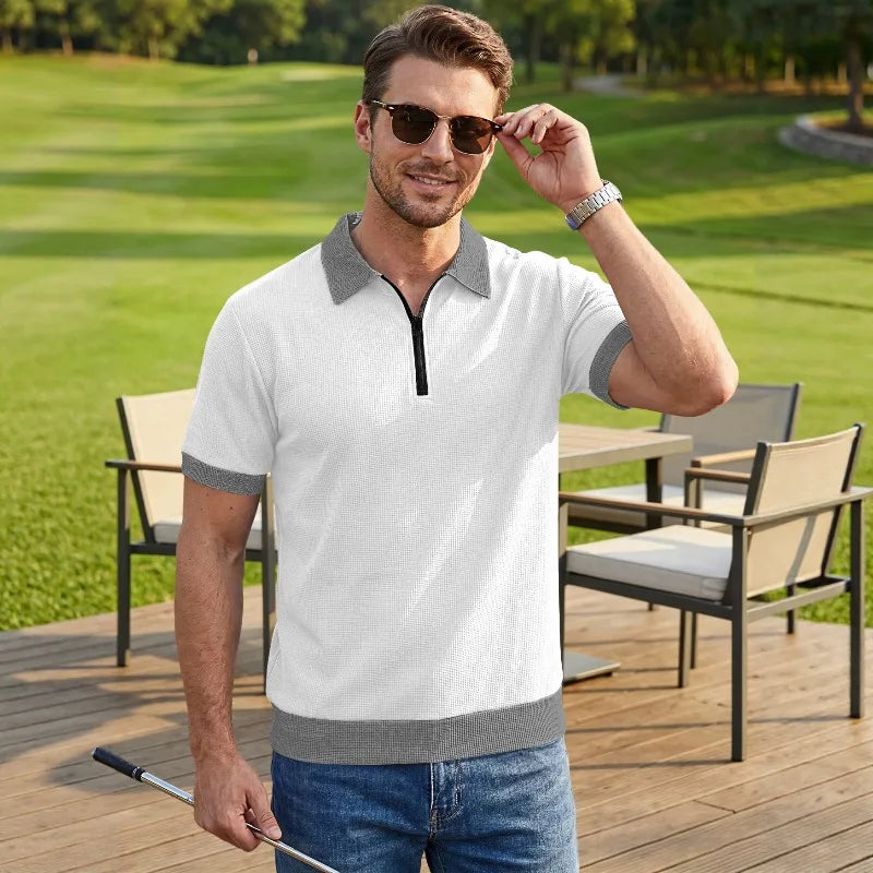 Men's Zip Polo Shirt Short Sleeve Contrast Trim Textured Casual Top 2026