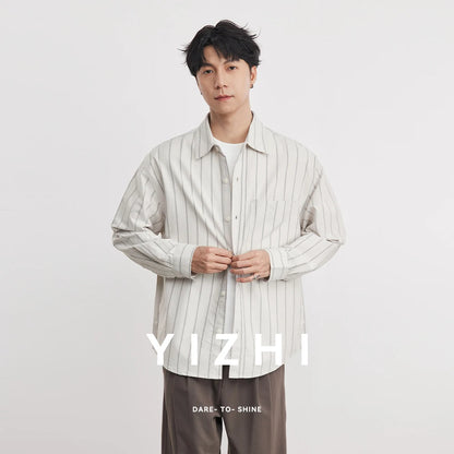 Fashion Oxford Wide Striped Cotton Lapel Long-sleeved Shirt Men Spring And Autumn 2026 New Men's Shirt Trend