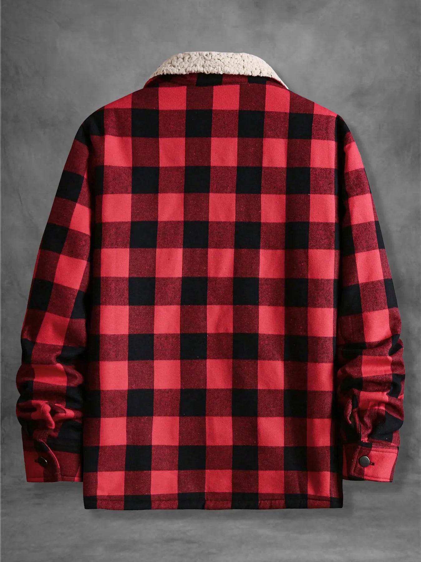Men's Red Black Plaid Fleece Collar Flannel Shirt Jacket Autumn Winter Thick Warm Casual Coat