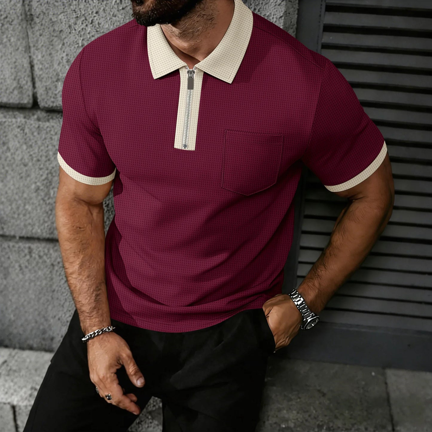 Men's Contrast Trim Waffle Knit Polo Shirt | Short Sleeve Zip Collar Shirt with Pocket for Summer Daily Wear