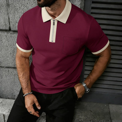 Men's Contrast Trim Waffle Knit Polo Shirt | Short Sleeve Zip Collar Shirt with Pocket for Summer Daily Wear
