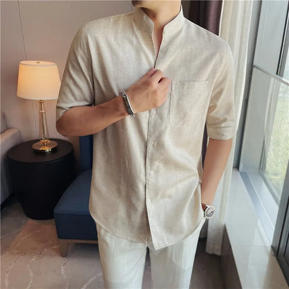 Men's Premium Linen Blend Mandarin Collar Shirt – 7A Antibacterial, Breathable & Cool-Touch Short Sleeve Button-Up