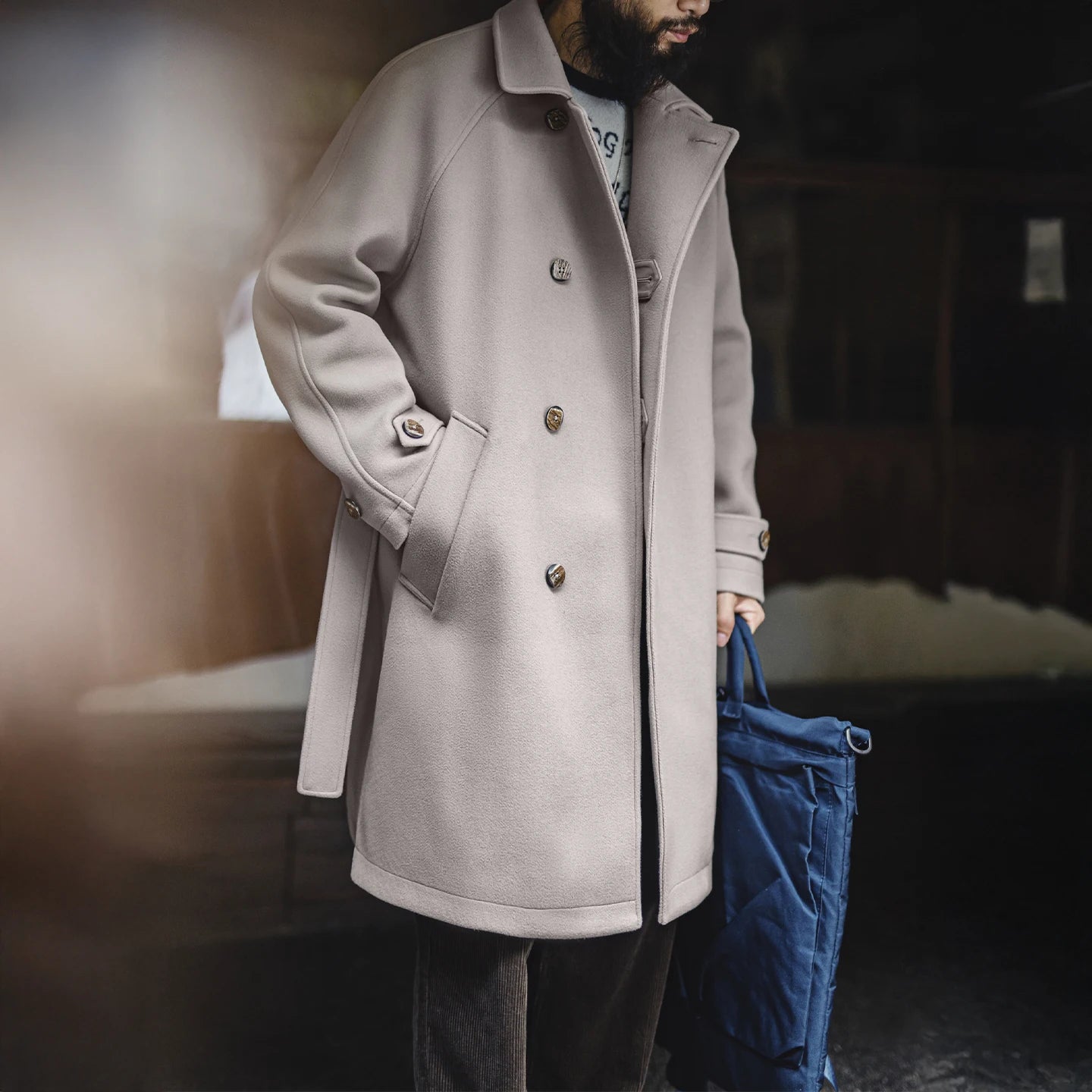Maden Men's Balmacaan Trench Coat Mid-Length Loose Fit Overcoat for Winter Raglan Sleeve Strap Belted Design German Style