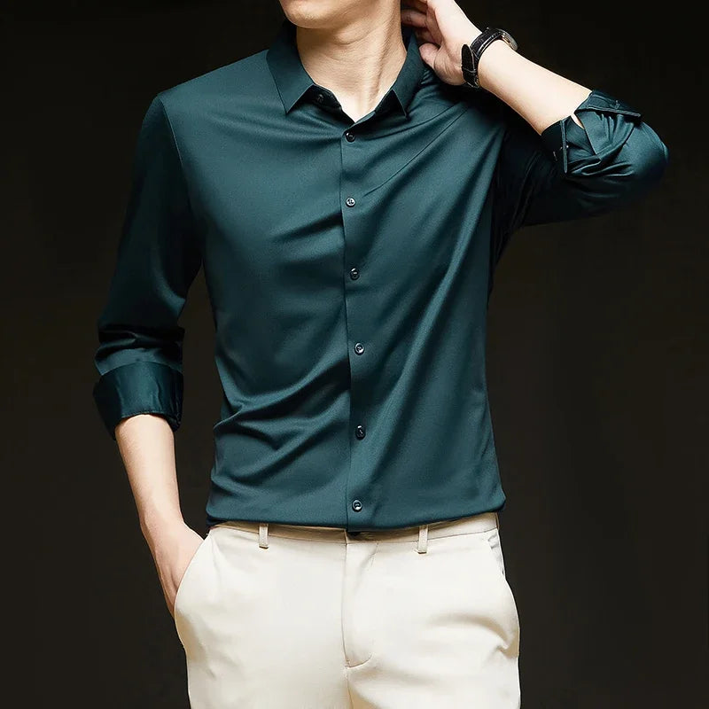Premium Men's Ultra-Stretch Slim-fit Shirt - High-Quality Silky Business Formal Long-Sleeve Shirt for Social and Casual Wear