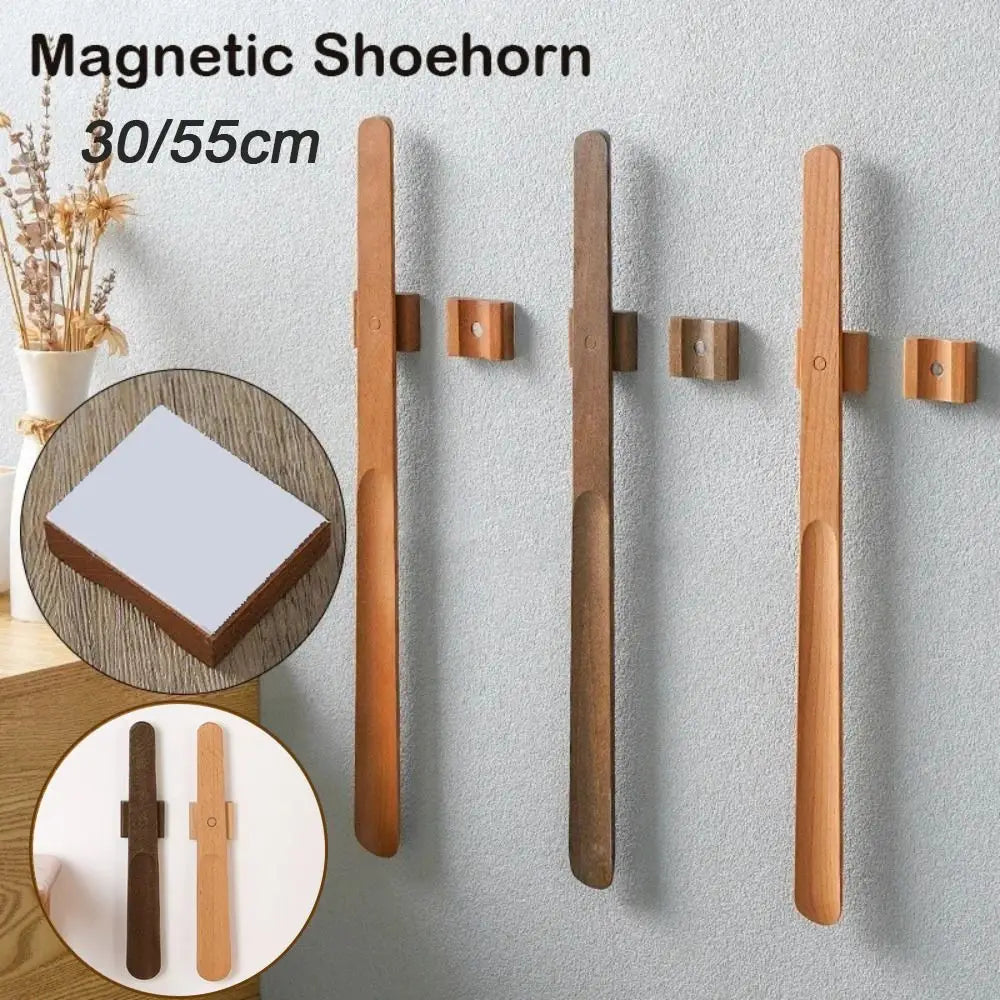Useful 30/55cm Magnetic Shoehorn Flexible No-Bend Shoe Puller Wooden Handle Lazy Shoe Horn for Elderly, Pregnant Women