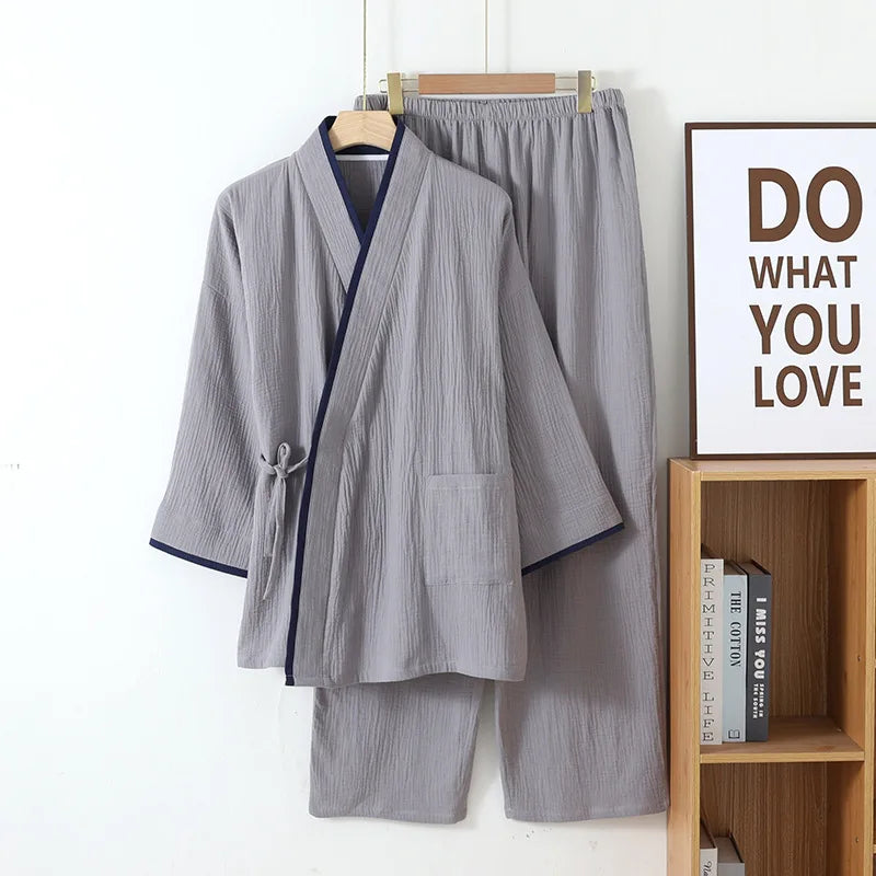 Spring Autumn Japanese Color Blocked Cotton Crepe Kimono Mens Pajamas Set Thin Lace-Up Top + Pants Loose Two-piece Male Homewear