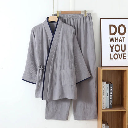 Spring Autumn Japanese Color Blocked Cotton Crepe Kimono Mens Pajamas Set Thin Lace-Up Top + Pants Loose Two-piece Male Homewear