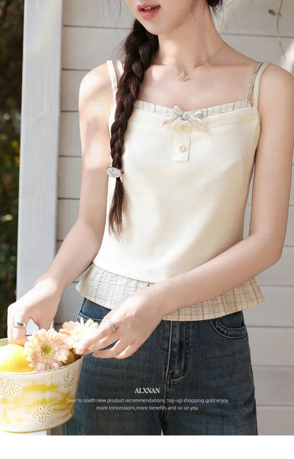ALXNAN Cream Yellow Plaid Spliced Camisole Women 2026 Summer Elegant Sweet Beach Sleeveless Tops Casual Bow Design Camis L62323