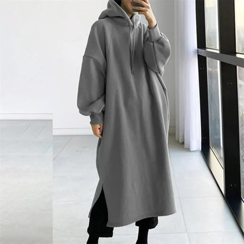 Autumn Winter Long Sweatshirt Women Double Pockets Hooded Hoodie Female Comfortable Casual Thickened Warm Solid Color Outerwear