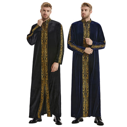 TH825 Men's Muslim Middle Eastern Men Long Sleeves Velvet Embroidered Zipper Robe Ramadan Eid Jubba Thobe