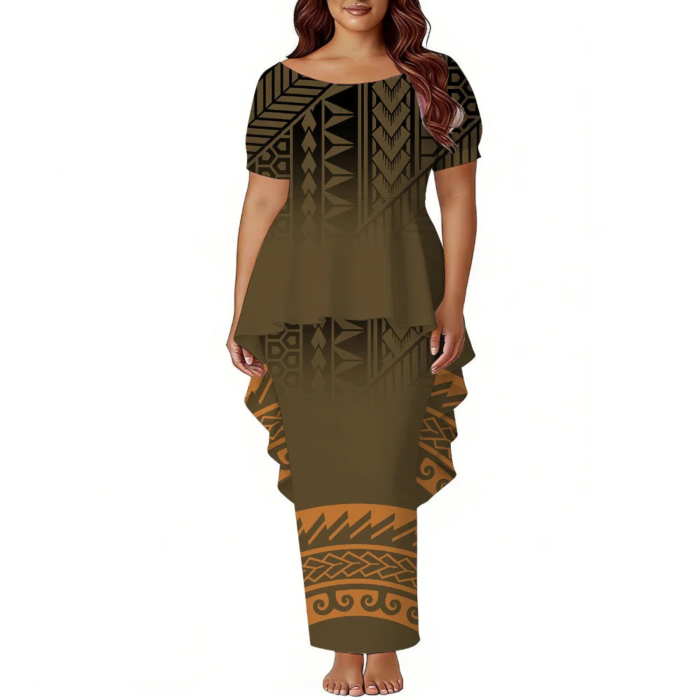 Polynesian Island-Style Women'S Short-Sleeved Puletasi Floral Print Dress Samoan Party Style Evening Dress