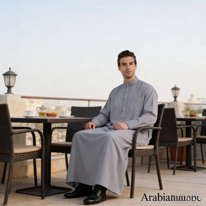Qatar Stand Collar Mens Thobe Robe Polyester Pocket Design Arab Middle East Dubai Travel Clothing Lightweight Cultural Look