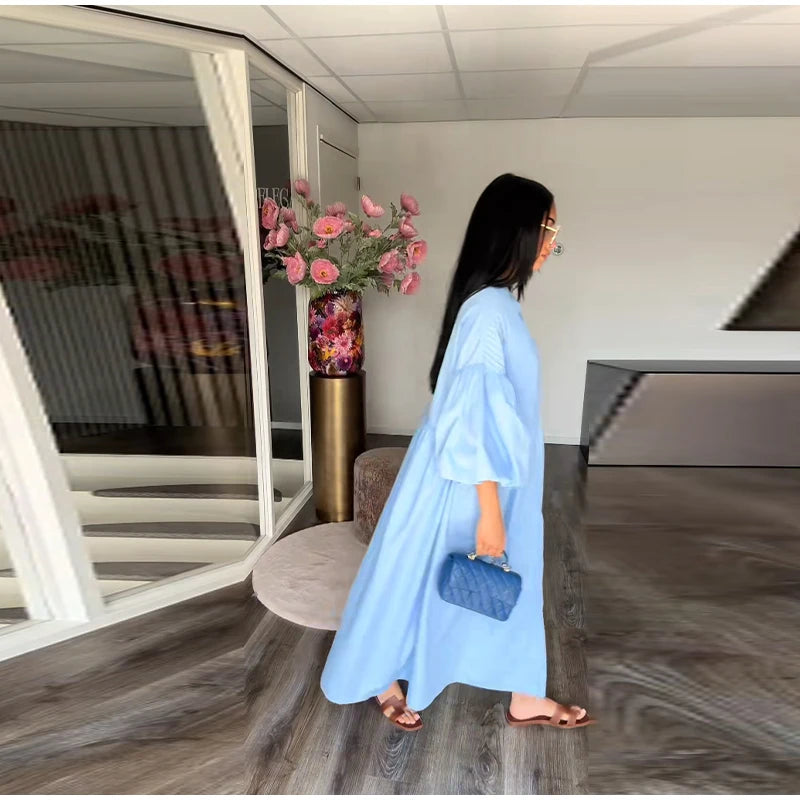 Casual Long Dress Women Solid Loose O Neck Single Breasted Full Lantern Sleeve High Waist Robe 2026 Spring Fashion Dresses Lady