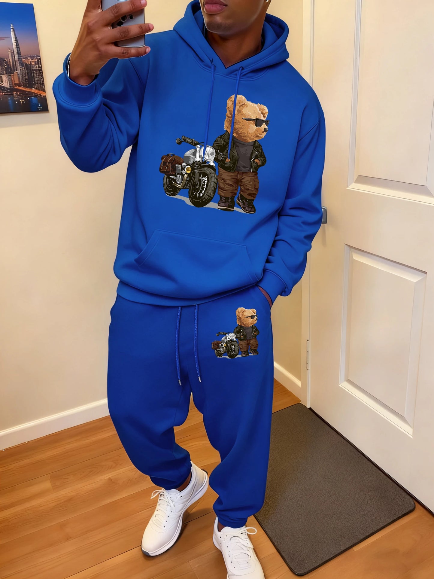 Ride Motorcycle Jacket Cool Bear Print Men Hoody Suit Fashion Autumn Sweatshirts All-Match Casual Sweatpant Comfy Jogging Pants