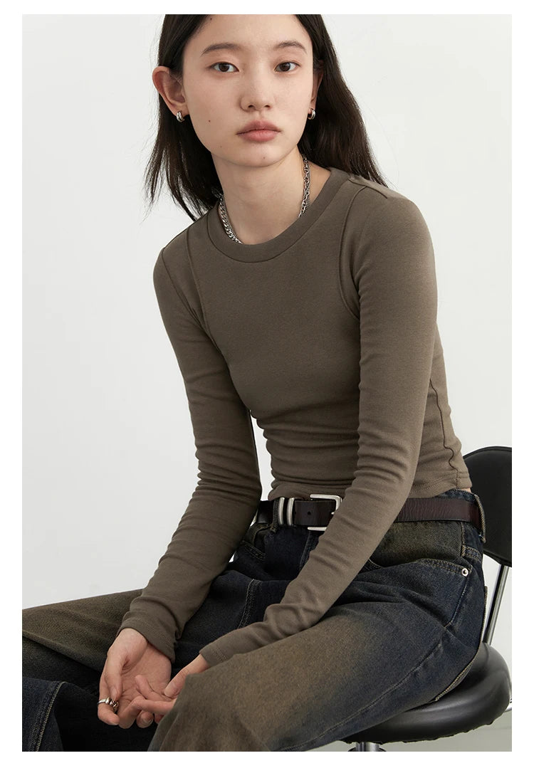 CHIC VEN Women T-Shirts Solid New Basic Heating Cashmere Round Neck Woman Tees Slim Fit Female Tops Spring Autumn 2024