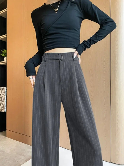 Botvotee 2025 New Women's Luxury Stripe Wide Leg Pants High Waist Flowy Dress Trousers Elegant Office Pants Fall Winter Fashion