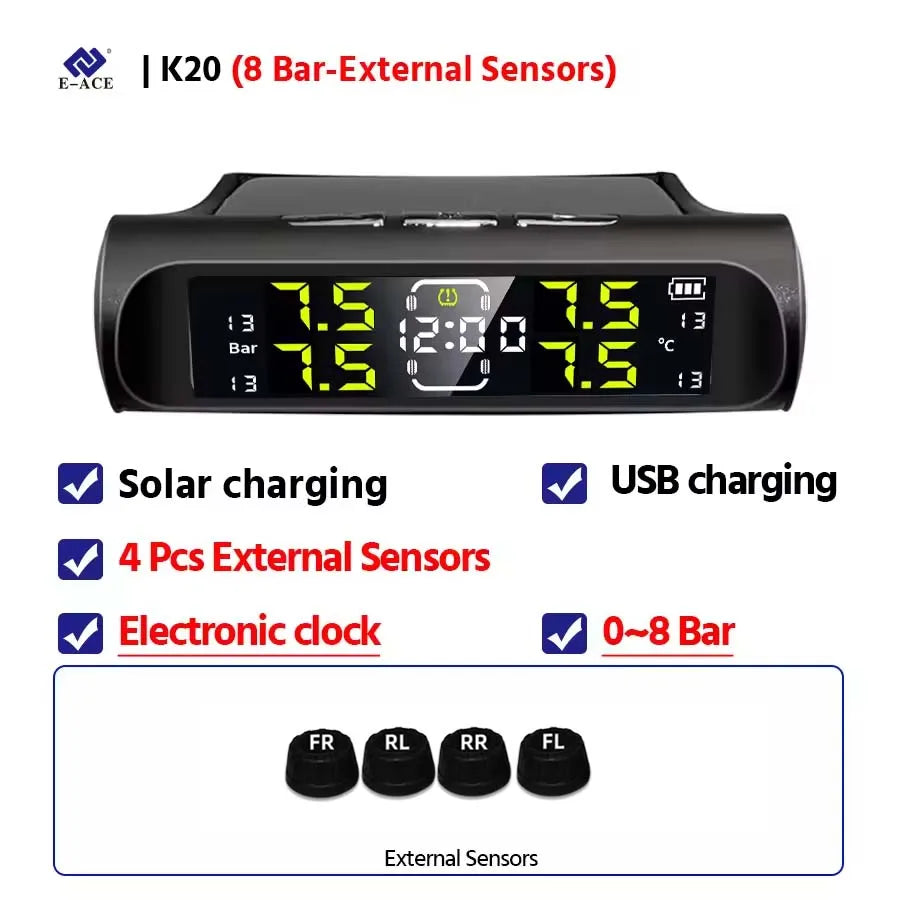 E-ACE Car Solar Tire Pressure TPMS Monitoring System Solar Power Digital tpms Display Security Alarm Tyre 4Wheel Pressure Sensor