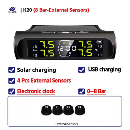 E-ACE Car Solar Tire Pressure TPMS Monitoring System Solar Power Digital tpms Display Security Alarm Tyre 4Wheel Pressure Sensor