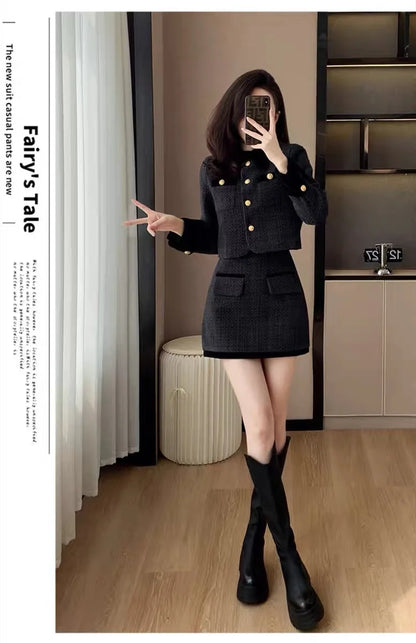 High-End  Style Women's Outerwear Set Autumn Winter New Design High Waist  Skirt Two-Piece Suit Fashionable And Warm