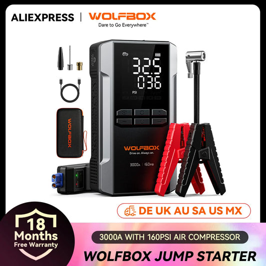 WOLFBOX 3000A Jump Starter with Air Compressor, 16000mAh&160PSI Portable Car Battery Jump Starter with 65W Fast Charge