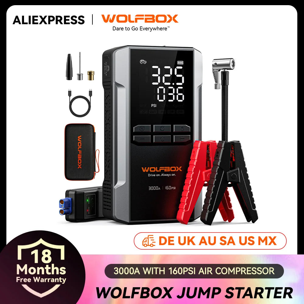WOLFBOX 3000A Jump Starter with Air Compressor, 16000mAh&160PSI Portable Car Battery Jump Starter with 65W Fast Charge