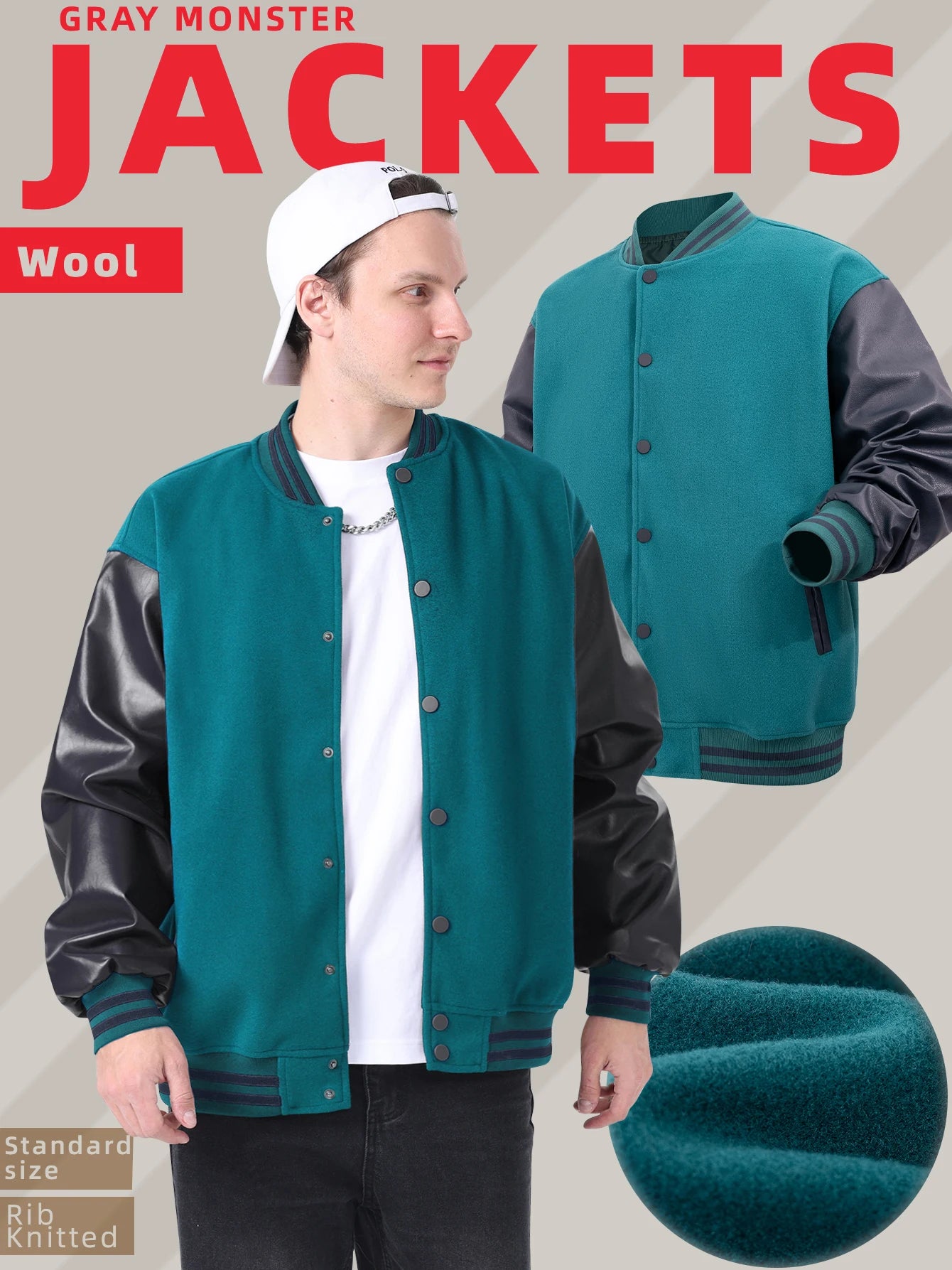 Men's Classic Varsity Jacket with Faux Leather Sleeves Letterman Style Baseball Coat Color-Block Lightweight Men's