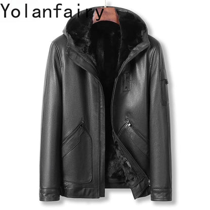 YOLANFAIRY Genuine Goatskin Leather Jacket for Man Real Fur Coat with Hood Winter Luxury Mink Fur Liner Men's Leather Jackets