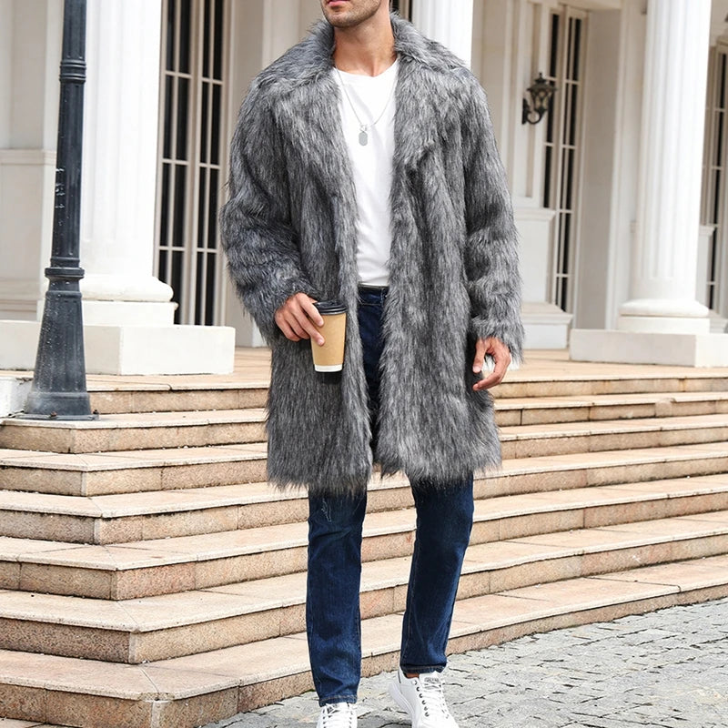 Men s Faux Fur Hooded Parka Winter Warm Long Sleeve Solid Color Print Long Jacket Open Front Overcoat with Pockets