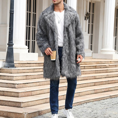 Men s Faux Fur Hooded Parka Winter Warm Long Sleeve Solid Color Print Long Jacket Open Front Overcoat with Pockets