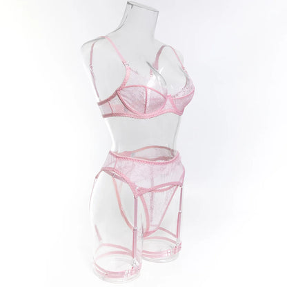 Ellolace Fancy Lingeries Sexy Hot Elegant Bra 3PC Set with Leg Circles Sissy Solid Color Intimate Eyelash Lace Patchwork Costume