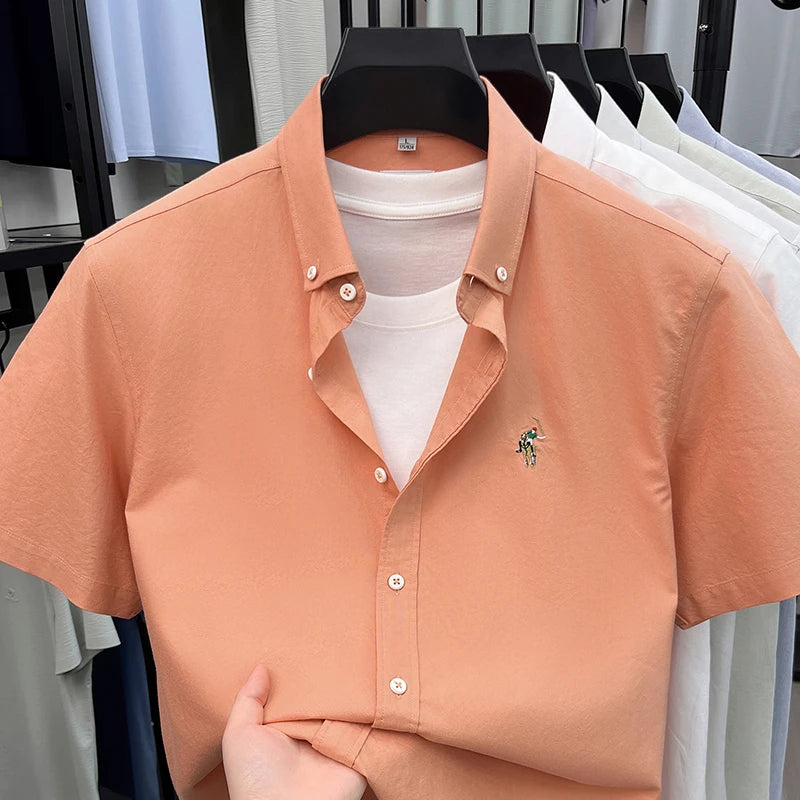 High-end Embroidered Summer 100% Cotton Short-sleeve Shirt for Men, Embroidered Youth Shirt, Business Casual Half-sleeve