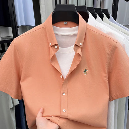 High-end Embroidered Summer 100% Cotton Short-sleeve Shirt for Men, Embroidered Youth Shirt, Business Casual Half-sleeve